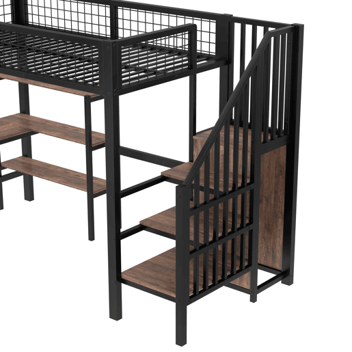 Cama alta 90x200 cm - estrutura em ferro, secretária inferior, várias prateleiras, armário embutido, sem colchão - preto Cama alta 90x200 cm - estrutura em ferro, secretária inferior, várias prateleiras, armário embutido, sem colchão - preto