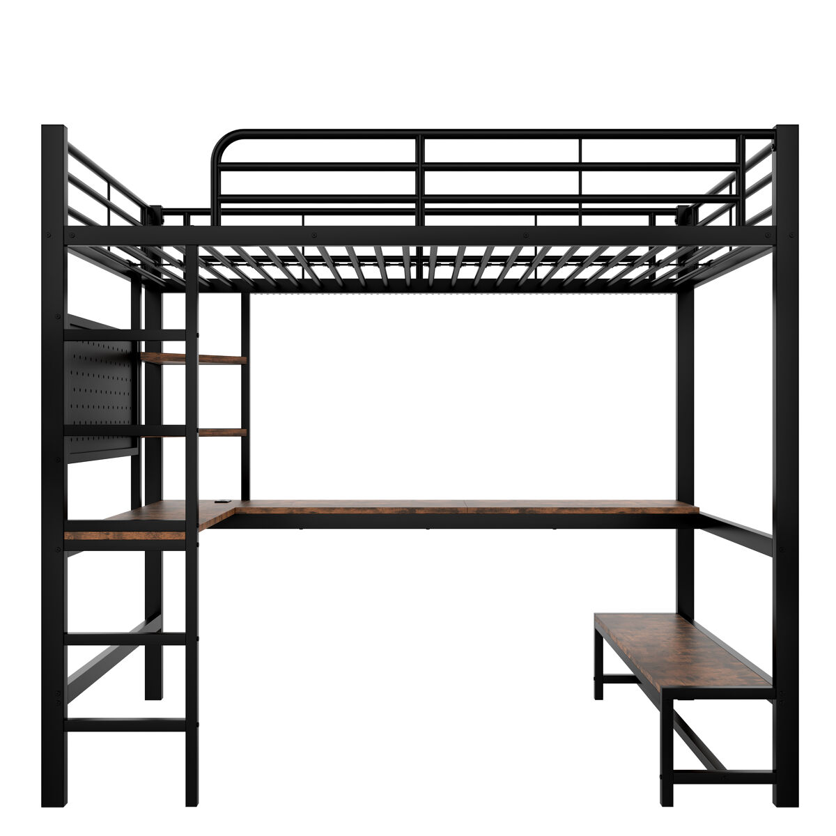 Cama alta 90x200 cm - estructura de hierro, escritorio, barandilla, escalera, estantes, con puerto usb+type-c, con tira led, con panel perforado -