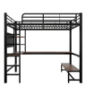 Cama alta 90x200 cm - Estrutura em ferro, secretária, corrimão, escada, prateleiras, com porta USB+Type-C, com faixa LED, com painel perfurado - Preto