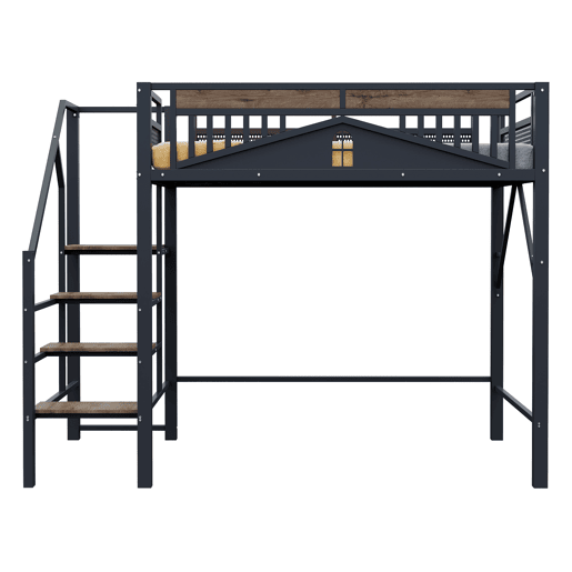 Cama alta metálica 140x200 cm - Design exclusivo com janela, escada de segurança e amplo espaço de arrumação debaixo da cama - Preta