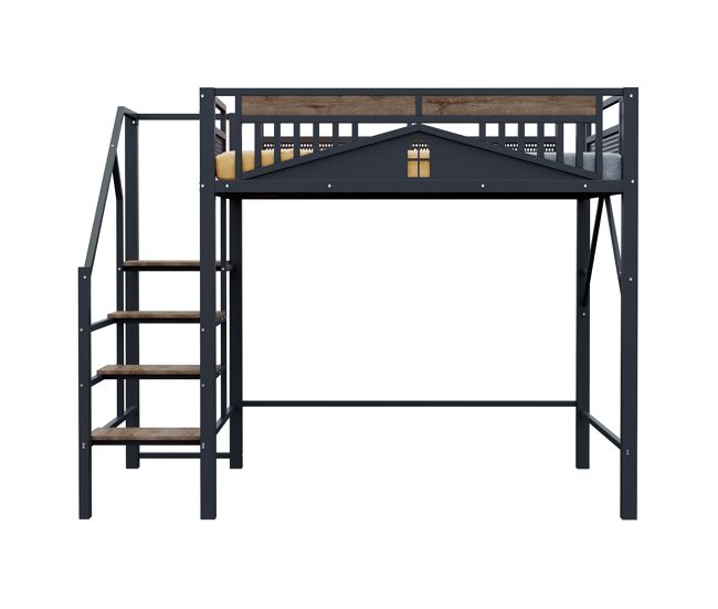 Cama alta metálica 140x200 cm - diseño único con ventana, con escalera de seguridad, gran espacio de almacenamiento bajo la cama - negra