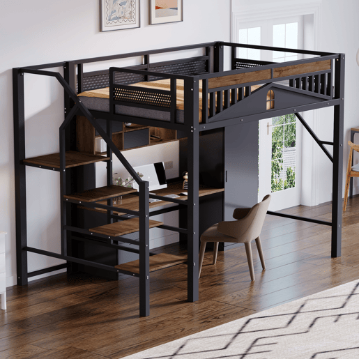 Cama alta metálica 140x200 cm - Design exclusivo com janela, escada de segurança e amplo espaço de arrumação debaixo da cama - Preta