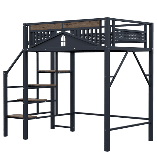 Cama alta metálica 140x200 cm - Design exclusivo com janela, escada de segurança e amplo espaço de arrumação debaixo da cama - Preta