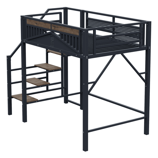 Cama alta metálica 140x200 cm - Design exclusivo com janela, escada de segurança e amplo espaço de arrumação debaixo da cama - Preta