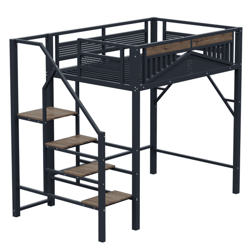 Cama alta metálica 140x200 cm - Design exclusivo com janela, escada de segurança e amplo espaço de arrumação debaixo da cama - Preta