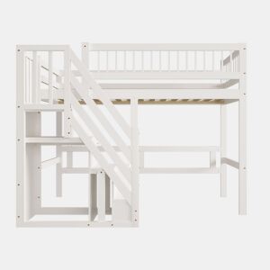 Cama alta em madeira maciça 90x200 - com escada e armário de arrumação, cama individual para crianças e jovens - branco