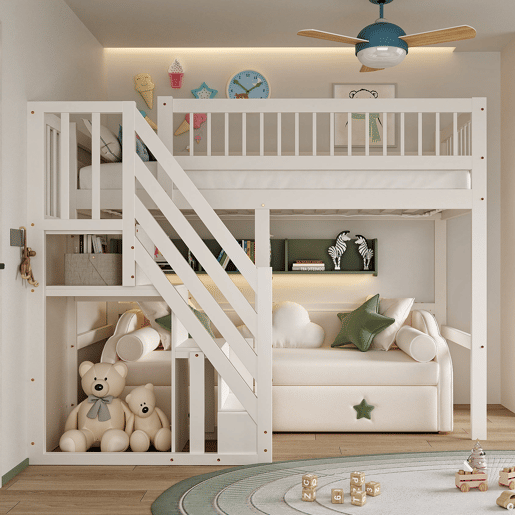 Cama alta em madeira maciça 90x200 - com escada e armário de arrumação, cama individual para crianças e jovens - branco Cama alta em madeira maciça 90x200 - com escada e armário de arrumação, cama individual para crianças e jovens - branco