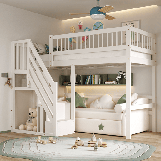 Cama alta em madeira maciça 90x200 - com escada e armário de arrumação, cama individual para crianças e jovens - branco Cama alta em madeira maciça 90x200 - com escada e armário de arrumação, cama individual para crianças e jovens - branco