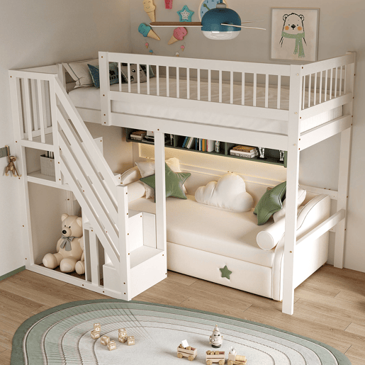 Cama alta em madeira maciça 90x200 - com escada e armário de arrumação, cama individual para crianças e jovens - branco Cama alta em madeira maciça 90x200 - com escada e armário de arrumação, cama individual para crianças e jovens - branco
