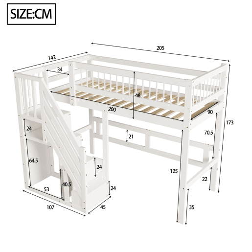 Cama alta em madeira maciça 90x200 - com escada e armário de arrumação, cama individual para crianças e jovens - branco Cama alta em madeira maciça 90x200 - com escada e armário de arrumação, cama individual para crianças e jovens - branco