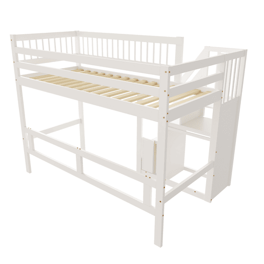 Cama alta em madeira maciça 90x200 - com escada e armário de arrumação, cama individual para crianças e jovens - branco Cama alta em madeira maciça 90x200 - com escada e armário de arrumação, cama individual para crianças e jovens - branco