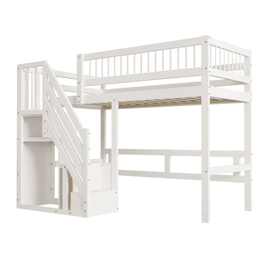 Cama alta em madeira maciça 90x200 - com escada e armário de arrumação, cama individual para crianças e jovens - branco Cama alta em madeira maciça 90x200 - com escada e armário de arrumação, cama individual para crianças e jovens - branco