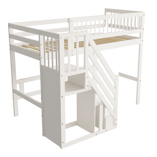 Cama alta em madeira maciça 90x200 - com escada e armário de arrumação, cama individual para crianças e jovens - branco Cama alta em madeira maciça 90x200 - com escada e armário de arrumação, cama individual para crianças e jovens - branco