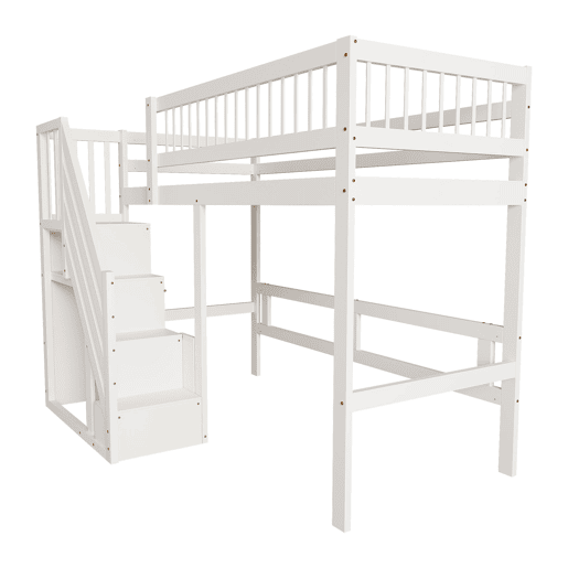 Cama alta em madeira maciça 90x200 - com escada e armário de arrumação, cama individual para crianças e jovens - branco Cama alta em madeira maciça 90x200 - com escada e armário de arrumação, cama individual para crianças e jovens - branco