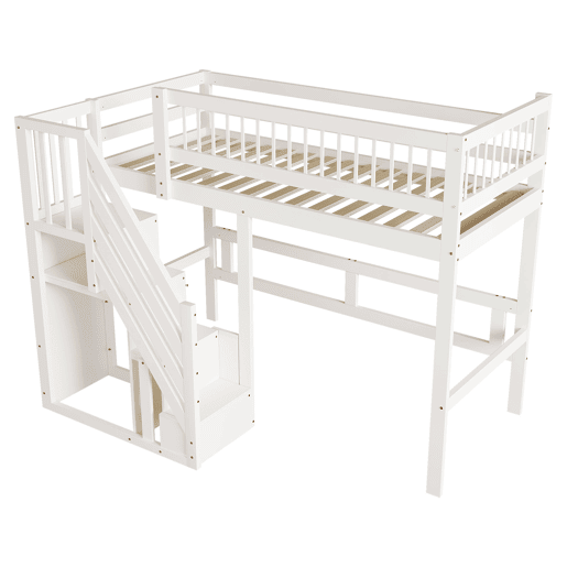 Cama alta em madeira maciça 90x200 - com escada e armário de arrumação, cama individual para crianças e jovens - branco Cama alta em madeira maciça 90x200 - com escada e armário de arrumação, cama individual para crianças e jovens - branco
