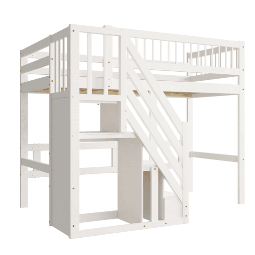 Cama alta em madeira maciça 90x200 - com escada e armário de arrumação, cama individual para crianças e jovens - branco Cama alta em madeira maciça 90x200 - com escada e armário de arrumação, cama individual para crianças e jovens - branco