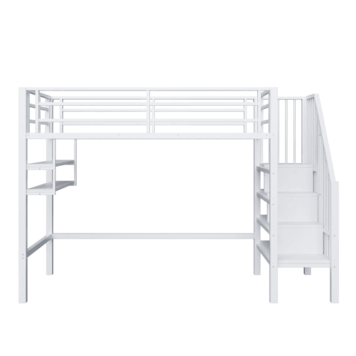 Cama alta 90x200 cm - Estantes, escada de arrumação, espaço livre para vestir-se, corrimão - Branco