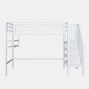 Cama alta 90x200 cm - Estantes, escada de arrumação, espaço livre para vestir-se, corrimão - Branco