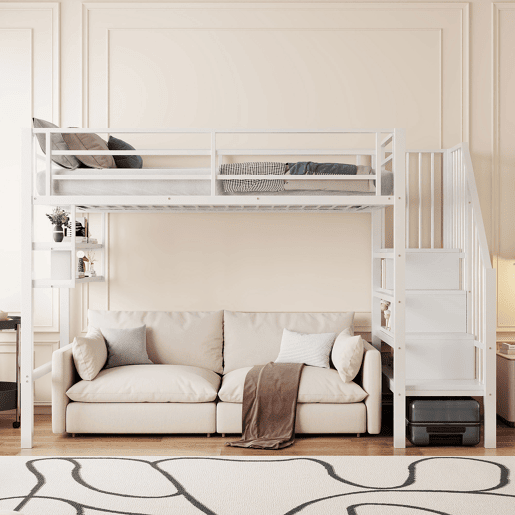 Cama alta 90x200 cm - Estantes, escada de arrumação, espaço livre para vestir-se, corrimão - Branco