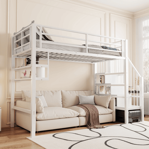 Cama alta 90x200 cm - Estantes, escada de arrumação, espaço livre para vestir-se, corrimão - Branco
