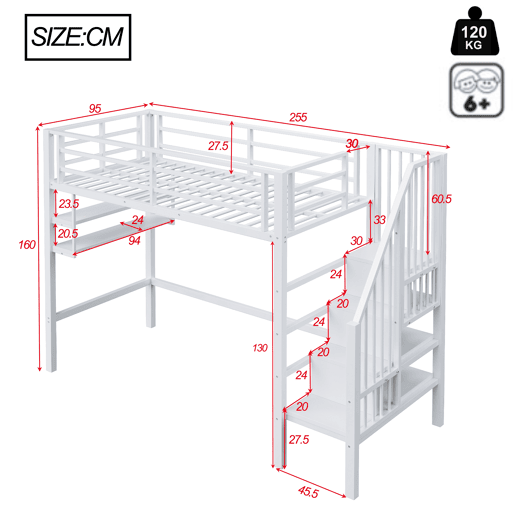 Cama alta 90x200 cm - Estantes, escada de arrumação, espaço livre para vestir-se, corrimão - Branco