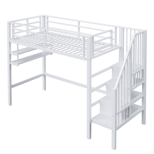 Cama alta 90x200 cm - Estantes, escada de arrumação, espaço livre para vestir-se, corrimão - Branco