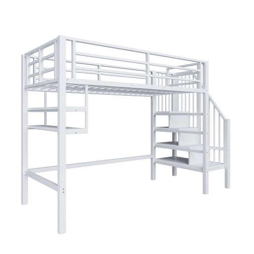 Cama alta 90x200 cm - Estantes, escada de arrumação, espaço livre para vestir-se, corrimão - Branco