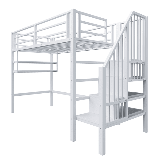 Cama alta 90x200 cm - Estantes, escada de arrumação, espaço livre para vestir-se, corrimão - Branco