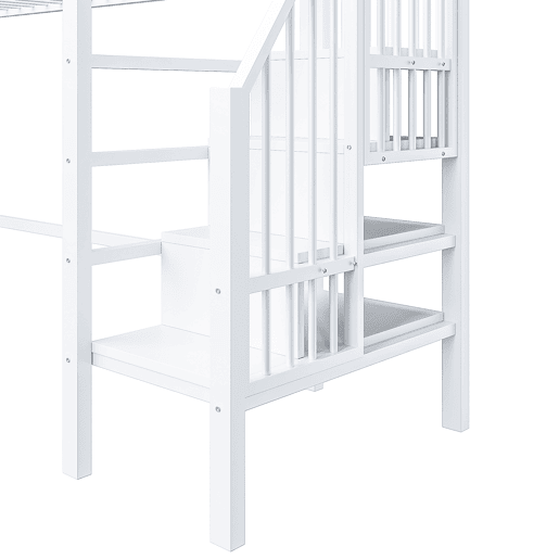 Cama alta 90x200 cm - Estantes, escada de arrumação, espaço livre para vestir-se, corrimão - Branco