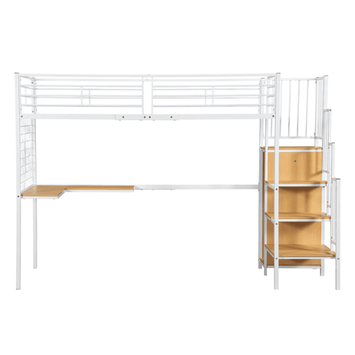 Cama de ferro 90x200cm - Cama alta com secretária e armário, escada lateral com corrimão - Branco+Natural