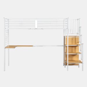 Cama de ferro 90x200cm - Cama alta com secretária e armário, escada lateral com corrimão - Branco+Natural