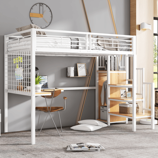 Cama de ferro 90x200cm - Cama alta com secretária e armário, escada lateral com corrimão - Branco+Natural