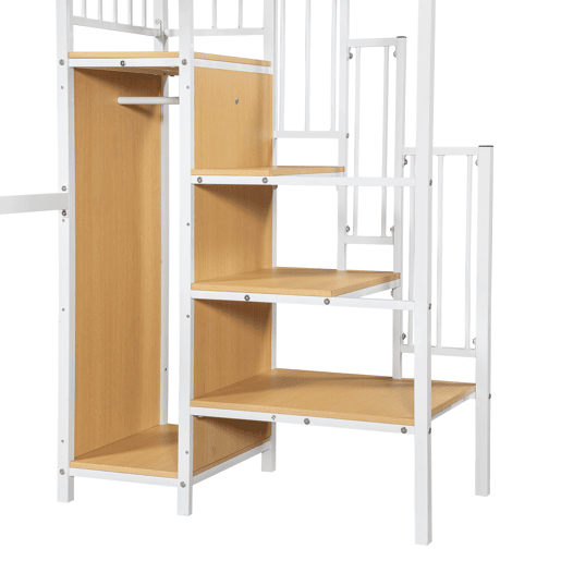 Cama de ferro 90x200cm - Cama alta com secretária e armário, escada lateral com corrimão - Branco+Natural
