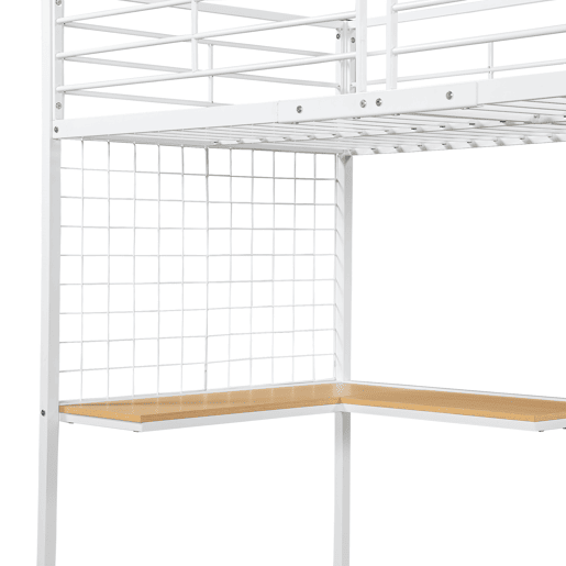 Cama de ferro 90x200cm - Cama alta com secretária e armário, escada lateral com corrimão - Branco+Natural
