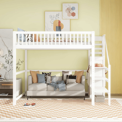 Cama mezzanine em madeira 140x200cm - com roupeiro - Branco Cama mezzanine em madeira 140x200cm - com roupeiro - Branco