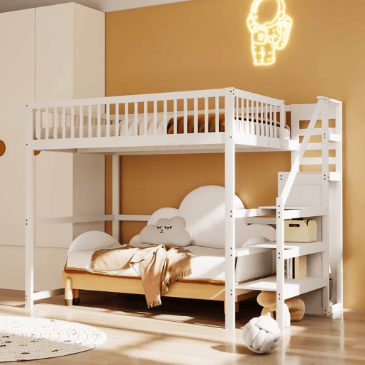 Cama mezzanine em madeira 140x200cm - com roupeiro - Branco Cama mezzanine em madeira 140x200cm - com roupeiro - Branco