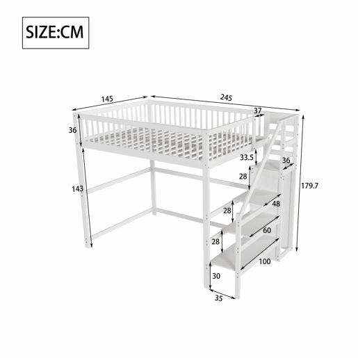 Cama mezzanine em madeira 140x200cm - com roupeiro - Branco Cama mezzanine em madeira 140x200cm - com roupeiro - Branco