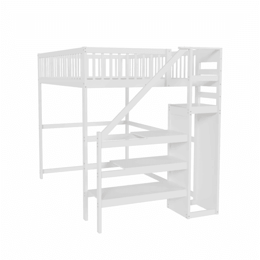 Cama mezzanine em madeira 140x200cm - com roupeiro - Branco Cama mezzanine em madeira 140x200cm - com roupeiro - Branco