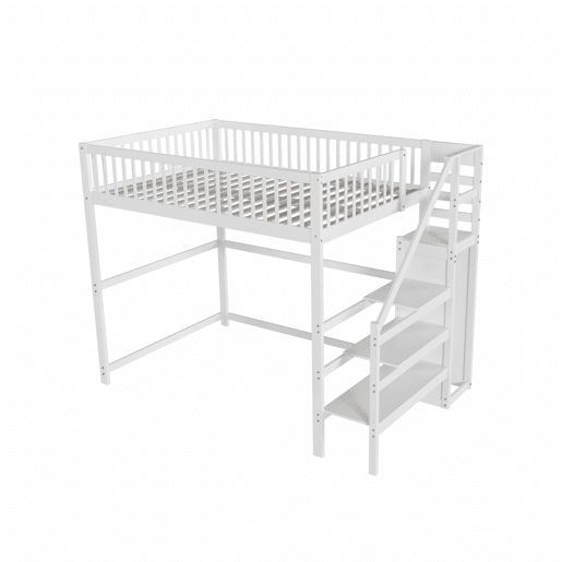 Cama mezzanine em madeira 140x200cm - com roupeiro - Branco Cama mezzanine em madeira 140x200cm - com roupeiro - Branco
