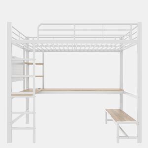 Cama alta 90x200cm - Estrutura em metal, secretária, corrimão, escada, prateleiras, com tomada USB + tipo C, faixa LED, com painel perfurado, sem colchão - Branco