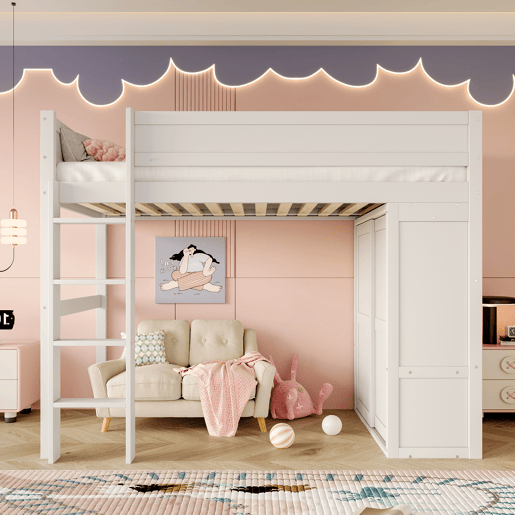 Cama alta 90x200cm - Cama infantil versátil, com armário, compartimento de arrumação, espaço por baixo, sem colchão - Branco