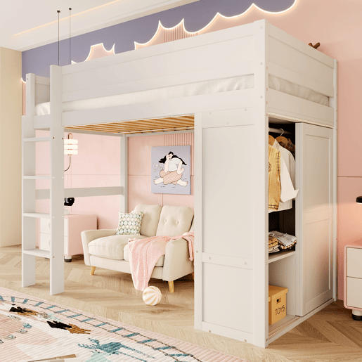 Cama alta 90x200cm - Cama infantil versátil, com armário, compartimento de arrumação, espaço por baixo, sem colchão - Branco