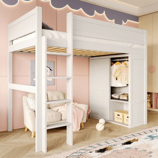 Cama alta 90x200cm - Cama infantil versátil, com armário, compartimento de arrumação, espaço por baixo, sem colchão - Branco