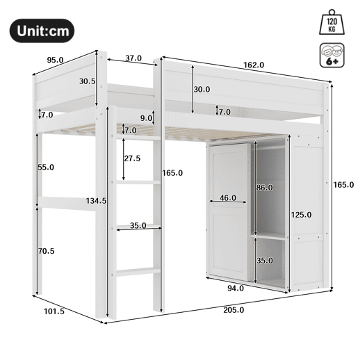 Cama alta 90x200cm - Cama infantil versátil, com armário, compartimento de arrumação, espaço por baixo, sem colchão - Branco
