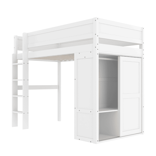 Cama alta 90x200cm - Cama infantil versátil, com armário, compartimento de arrumação, espaço por baixo, sem colchão - Branco
