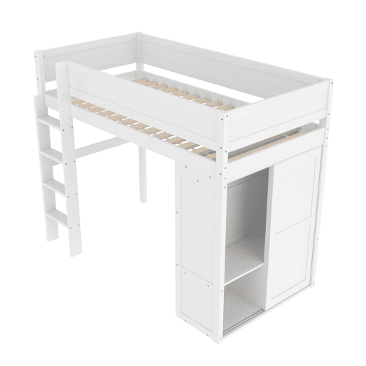 Cama alta 90x200cm - Cama infantil versátil, com armário, compartimento de arrumação, espaço por baixo, sem colchão - Branco