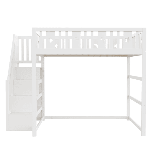 Cama alta infantil 140x200 - Com escada, cama de madeira maciça com grade de segurança, decoração de estrelas e lua - Branco Cama alta infantil 140x200 - Com escada, cama de madeira maciça com grade de segurança, decoração de estrelas e lua - Branco