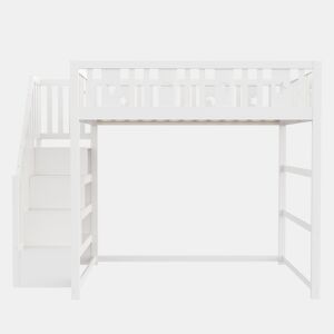 Cama alta infantil 140x200 - Com escada, cama de madeira maciça com grade de segurança, decoração de estrelas e lua - Branco