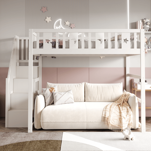 Cama alta infantil 140x200 - Com escada, cama de madeira maciça com grade de segurança, decoração de estrelas e lua - Branco Cama alta infantil 140x200 - Com escada, cama de madeira maciça com grade de segurança, decoração de estrelas e lua - Branco