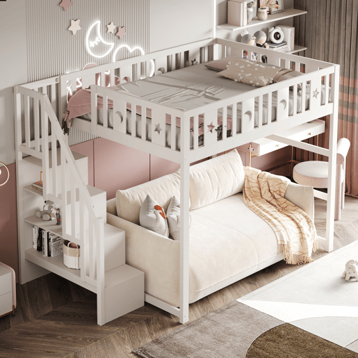Cama alta infantil 140x200 - Com escada, cama de madeira maciça com grade de segurança, decoração de estrelas e lua - Branco Cama alta infantil 140x200 - Com escada, cama de madeira maciça com grade de segurança, decoração de estrelas e lua - Branco
